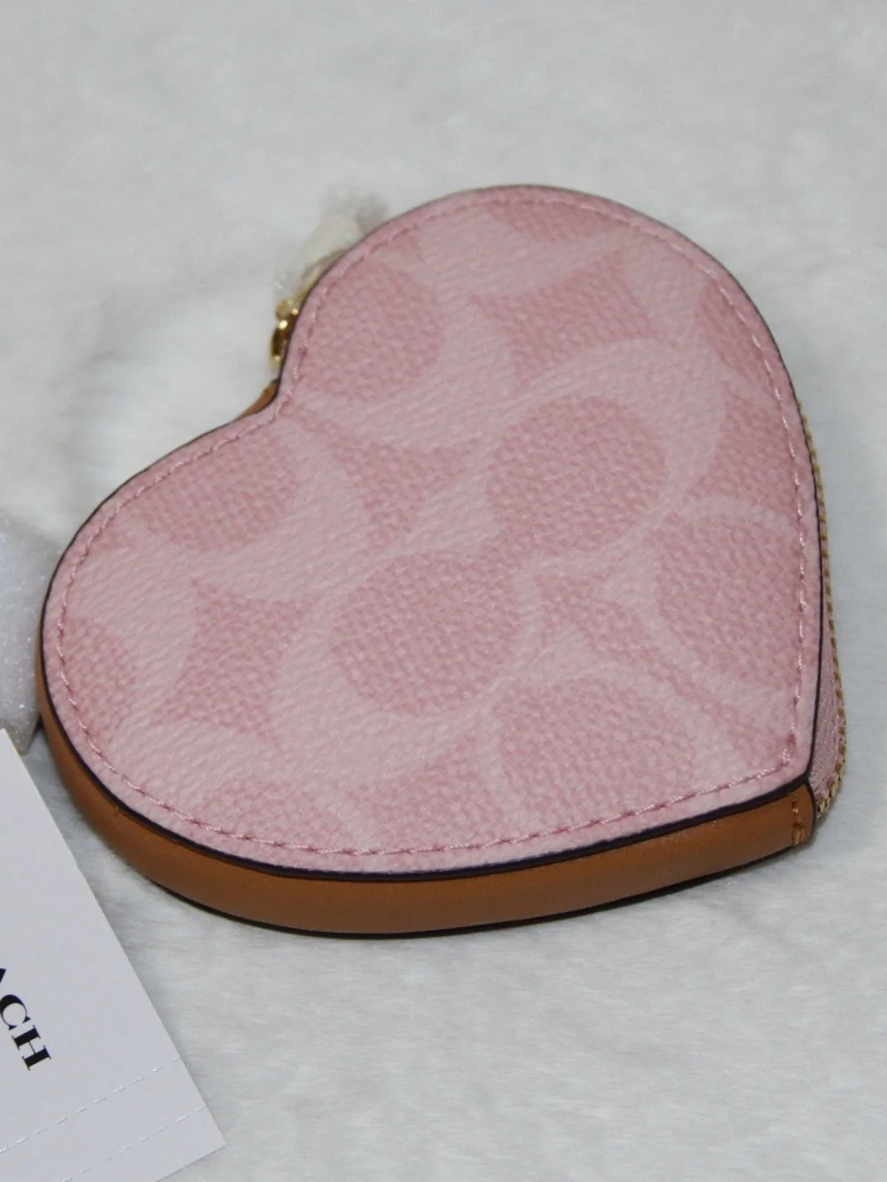 NWT Coach Heart Bag Charm Coin Case In Signature Canvas Powder Pink